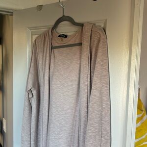 Oatmeal colored long open front hooded cardigan